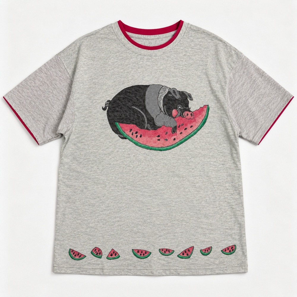 Vtg 90s Fruit of the Loom Pig Watermelon T-Shirt XL Gray Whimsical Grannycore